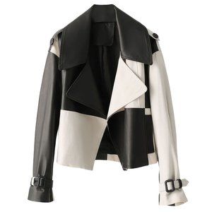 Women’s Genuine Sheepskin Black & White Lapel Collar High-End Streetwear